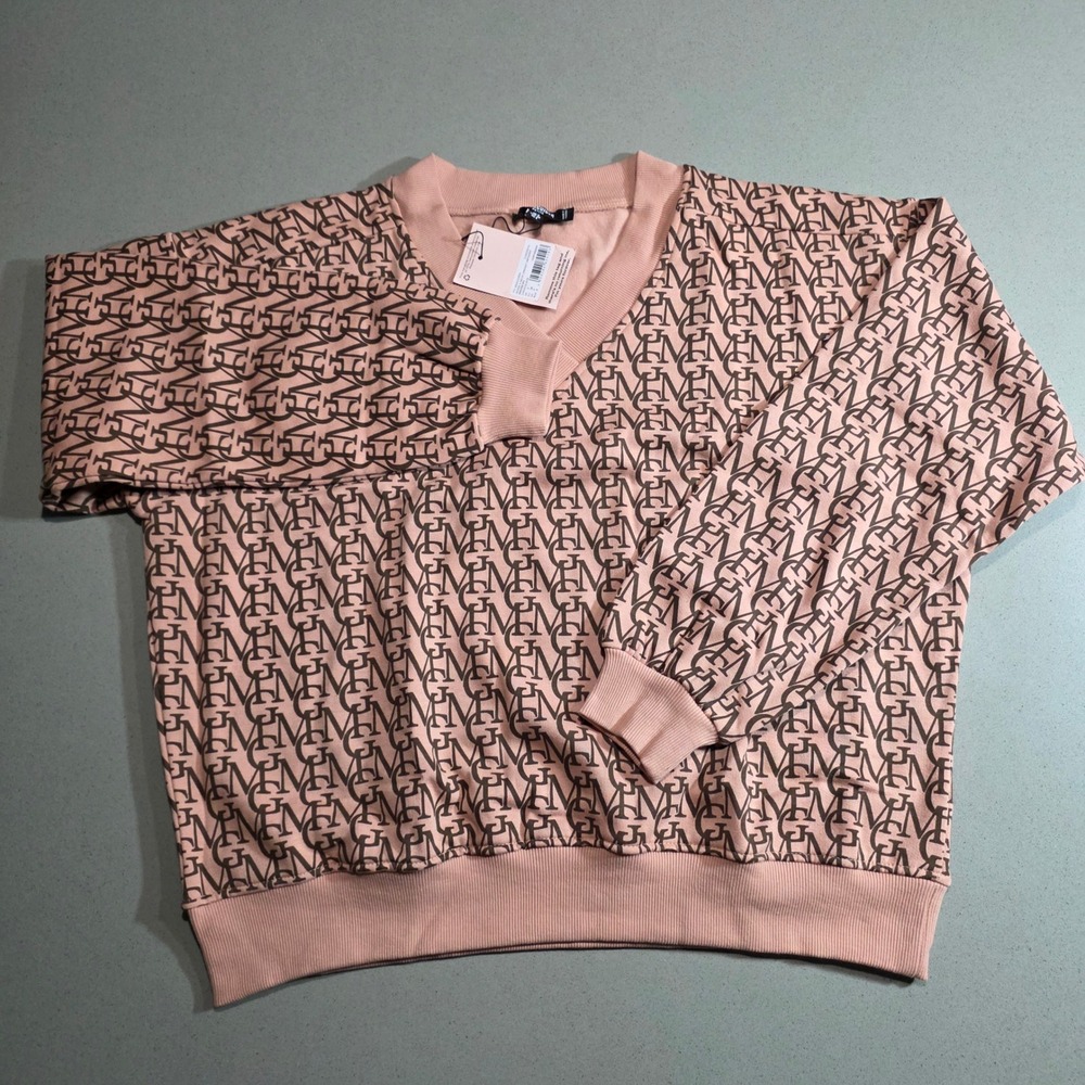 Missguided Petite V Neck Cricket Sweatshirt Chocolate Monogram MG US 4 NEW